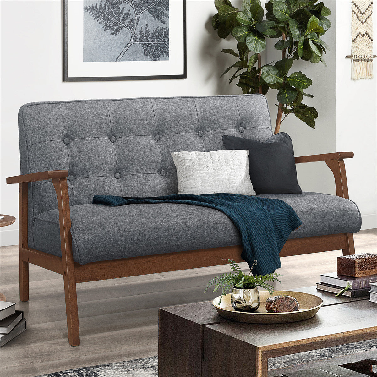 Modern Solid Loveseat Sofa Upholstered Fabric 2-Seat Couch Dark Gray