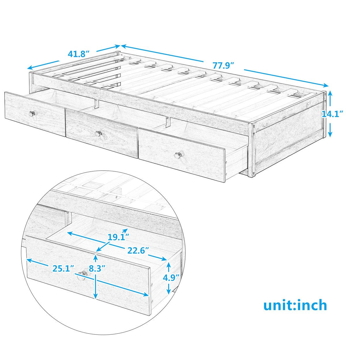 Platform Storage Bed with 3 Drawers Storage Twin Size