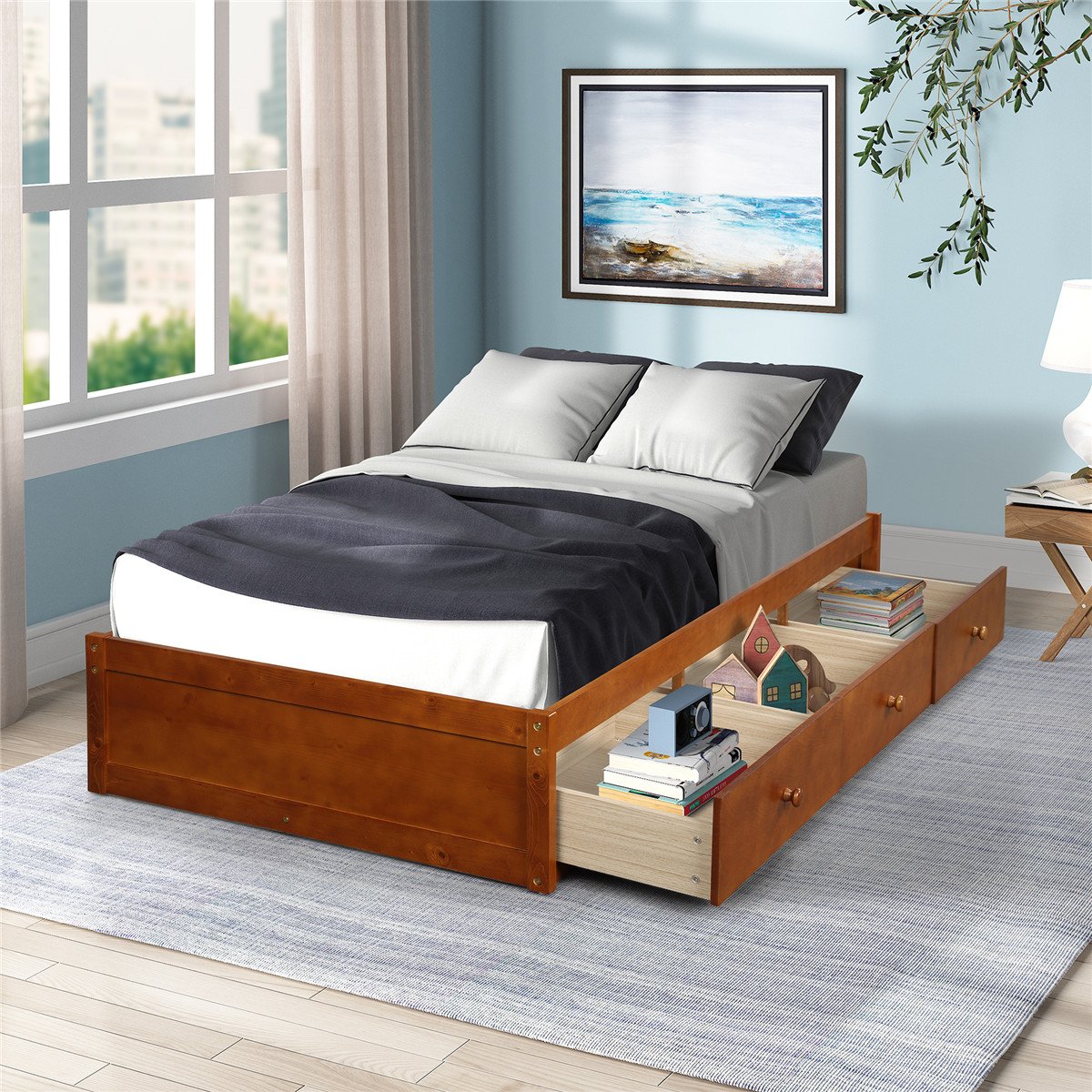 Platform Storage Bed with 3 Drawers Storage Twin Size