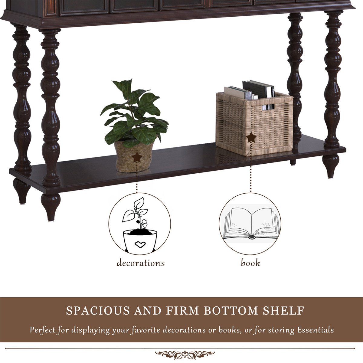 Rustic Console Sofa Table Antique-inspired Design with two Exquisite Drawers and Bottom Shelf
