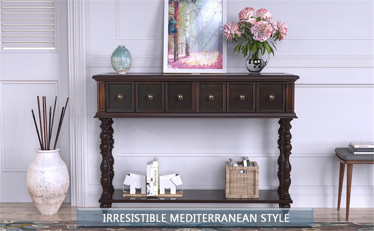 Rustic Console Sofa Table Antique-inspired Design with two Exquisite Drawers and Bottom Shelf