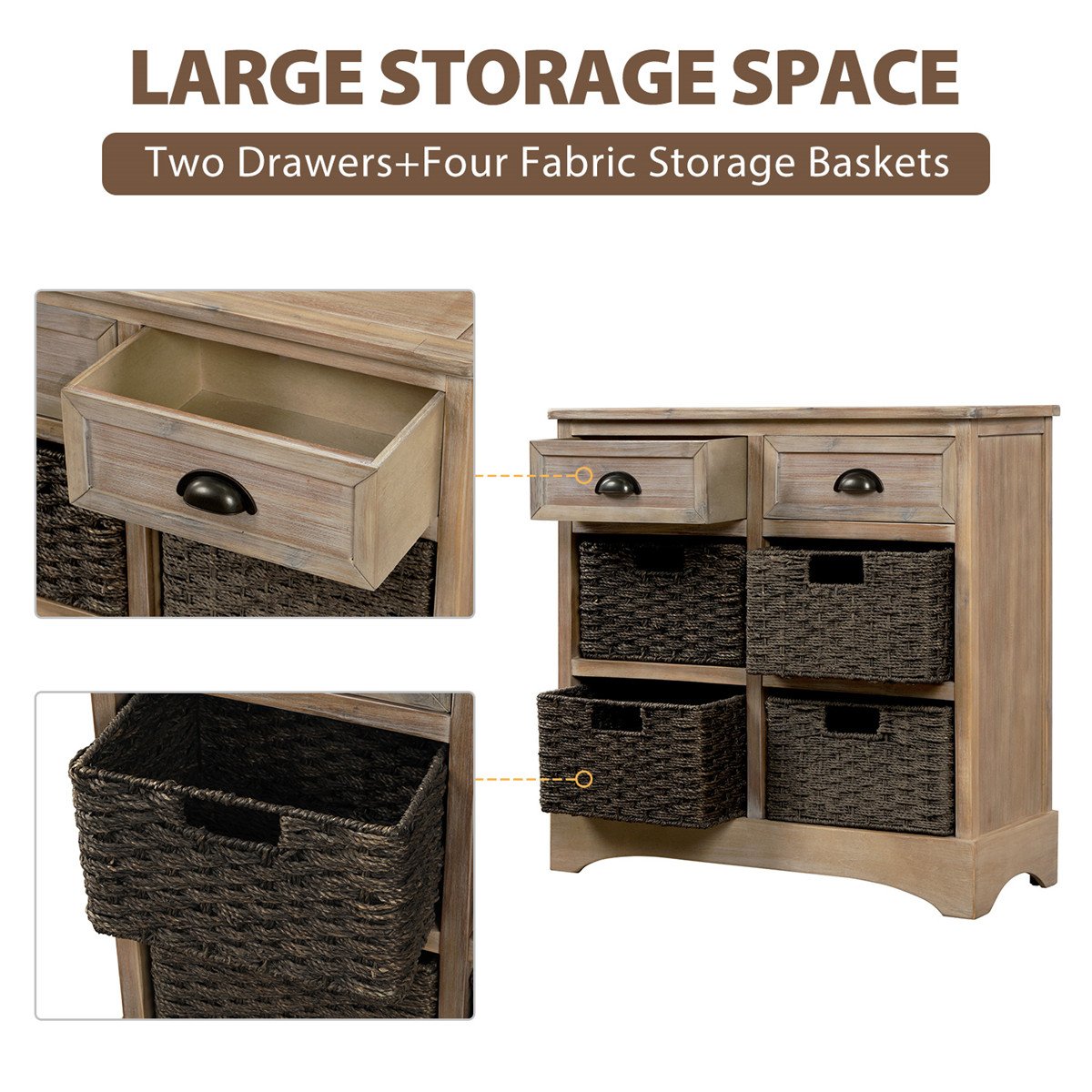 Rustic Storage Cabinet with Two Drawers and Four Classic Fabric