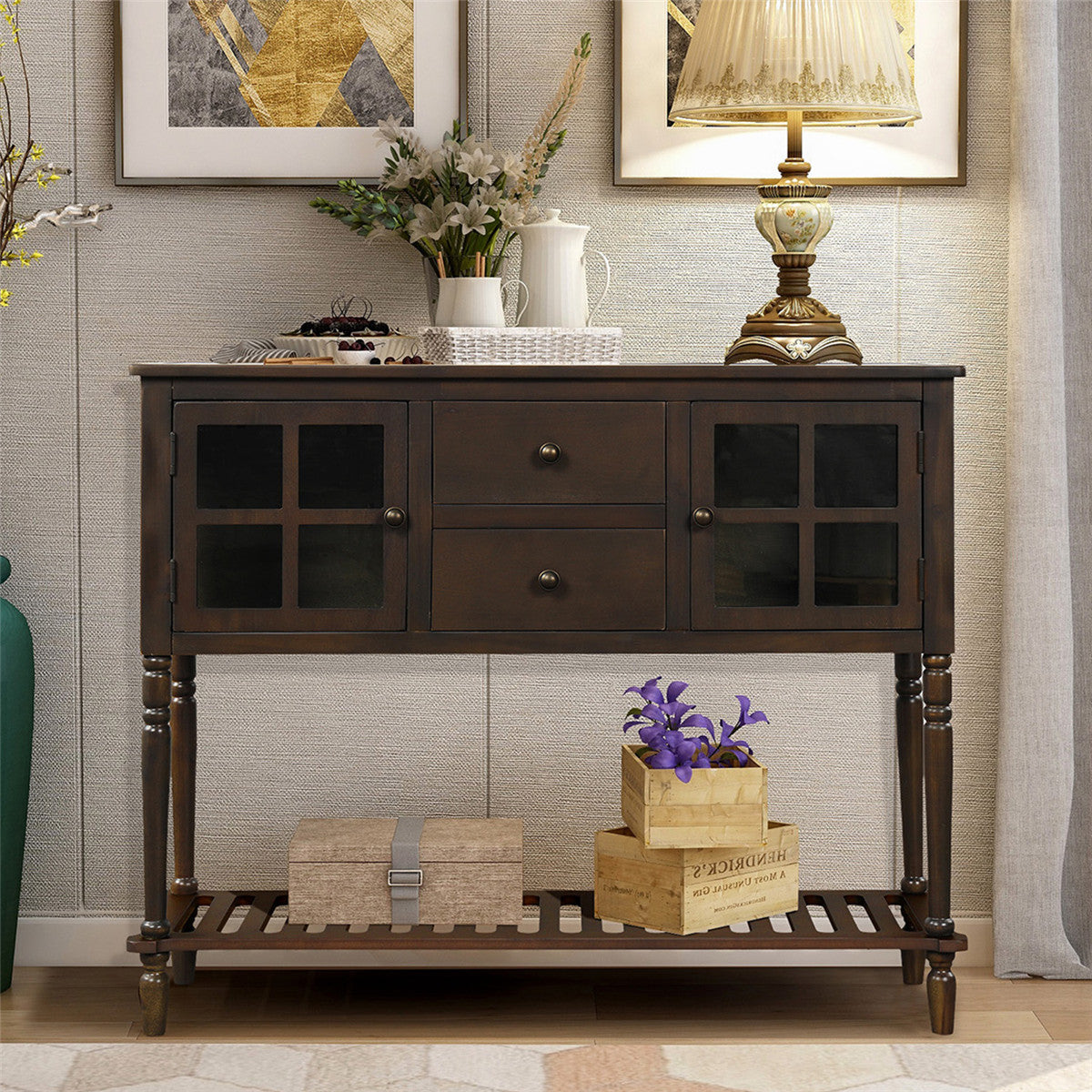 Sideboard Console Table with Bottom Shelf | Farmhouse Wood Buffet Storage Cabinet Living Room