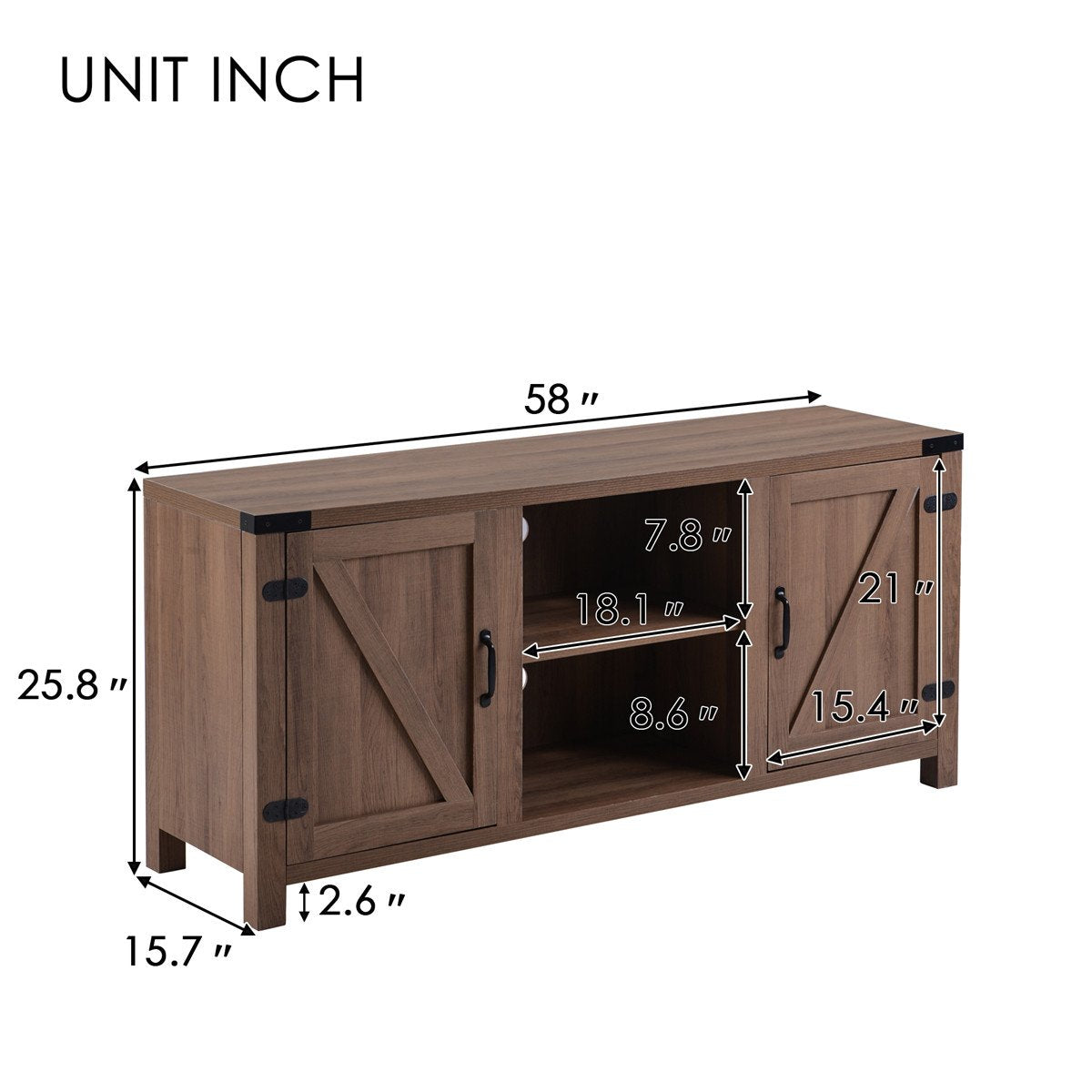 Farmhouse 58” TV Stand Media Console with Adjustable Shelves | Cabinet Doors and Cable Management