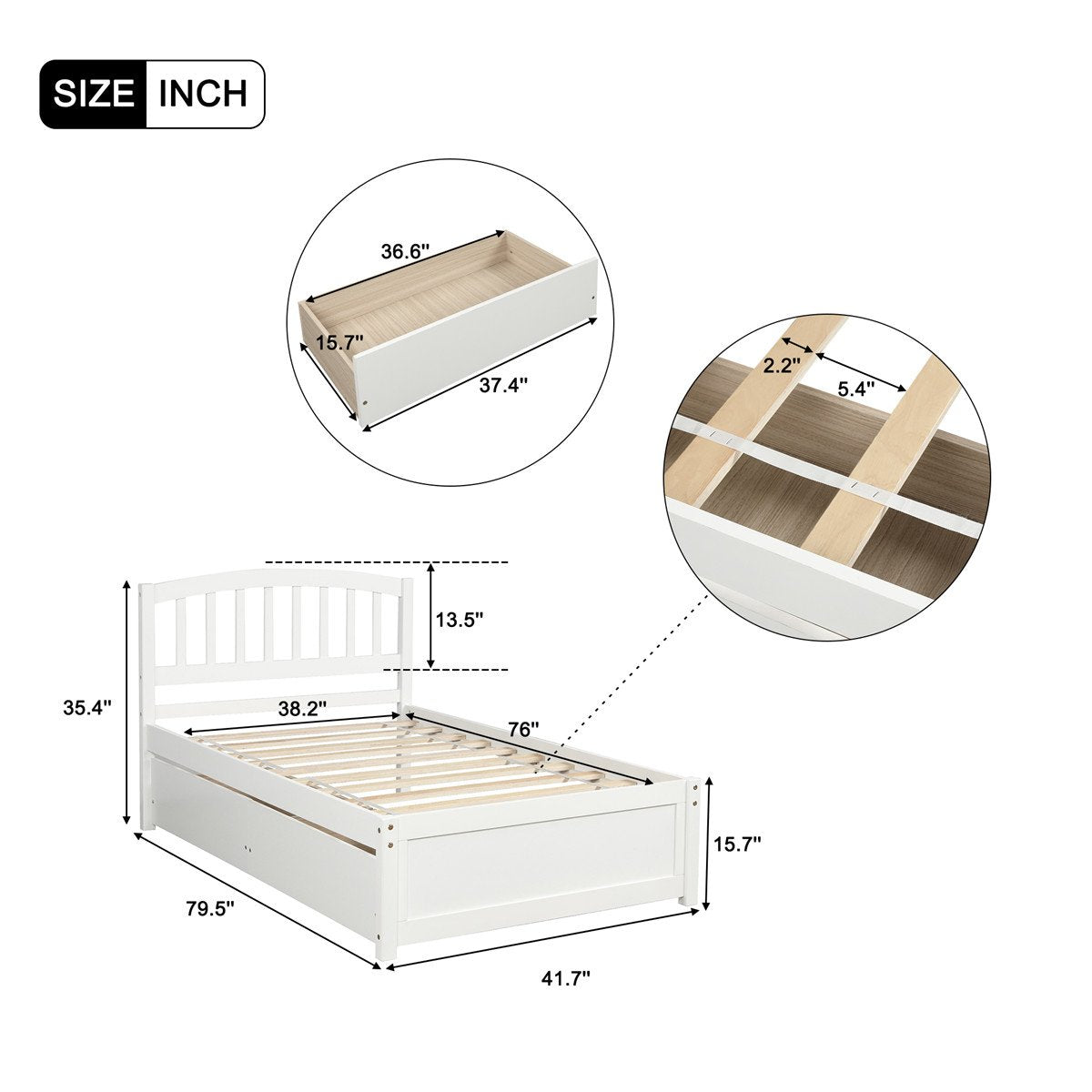 Twin Platform Storage Bed Wood Bed Frame with Two Drawers and Headboard White