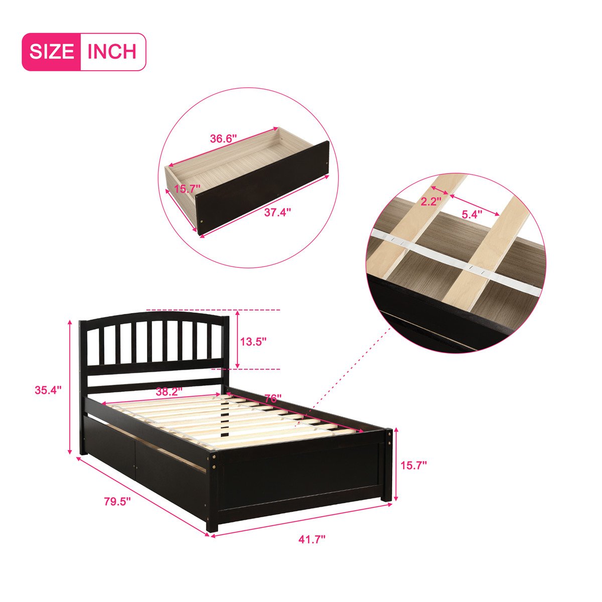 Twin Platform Storage Bed Wood Bed Frame with Two Drawers and Headboard