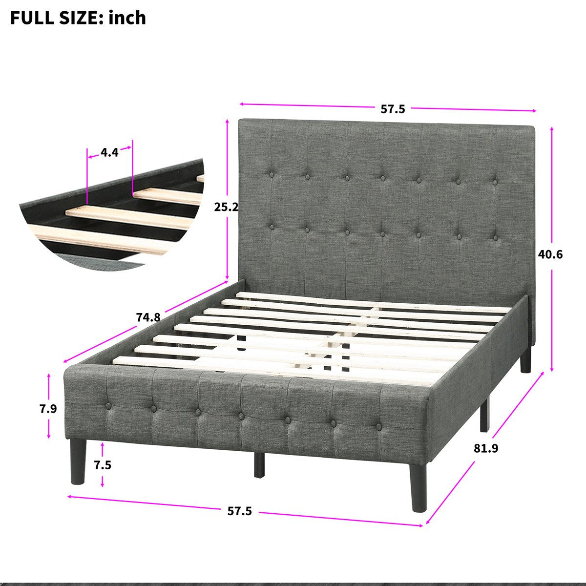 Upholstered Platform Bed with Wooden Slat Support and Tufted Headboard ...