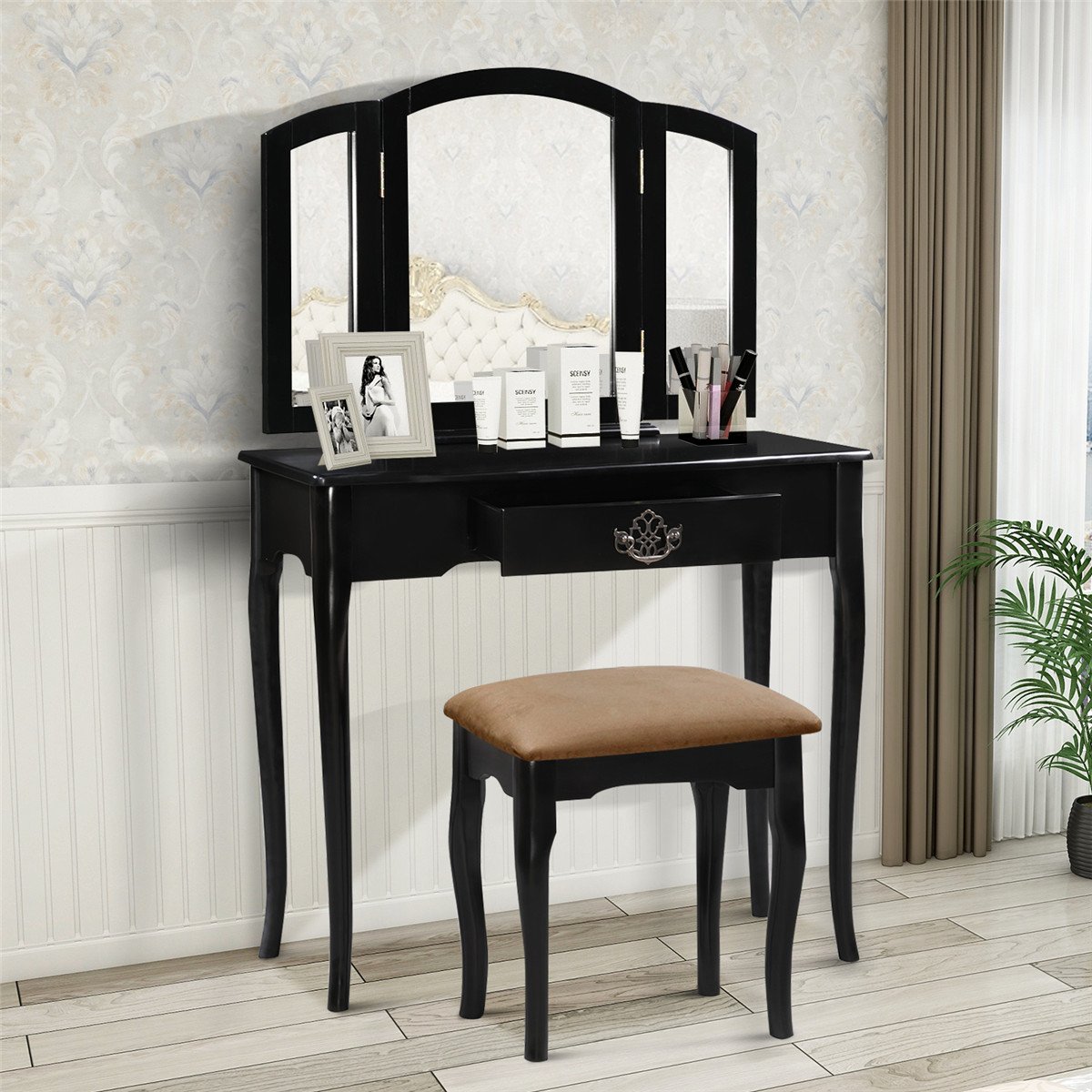 Vanity Set Make-up Dressing Table with Mirror and Cushioned Stool