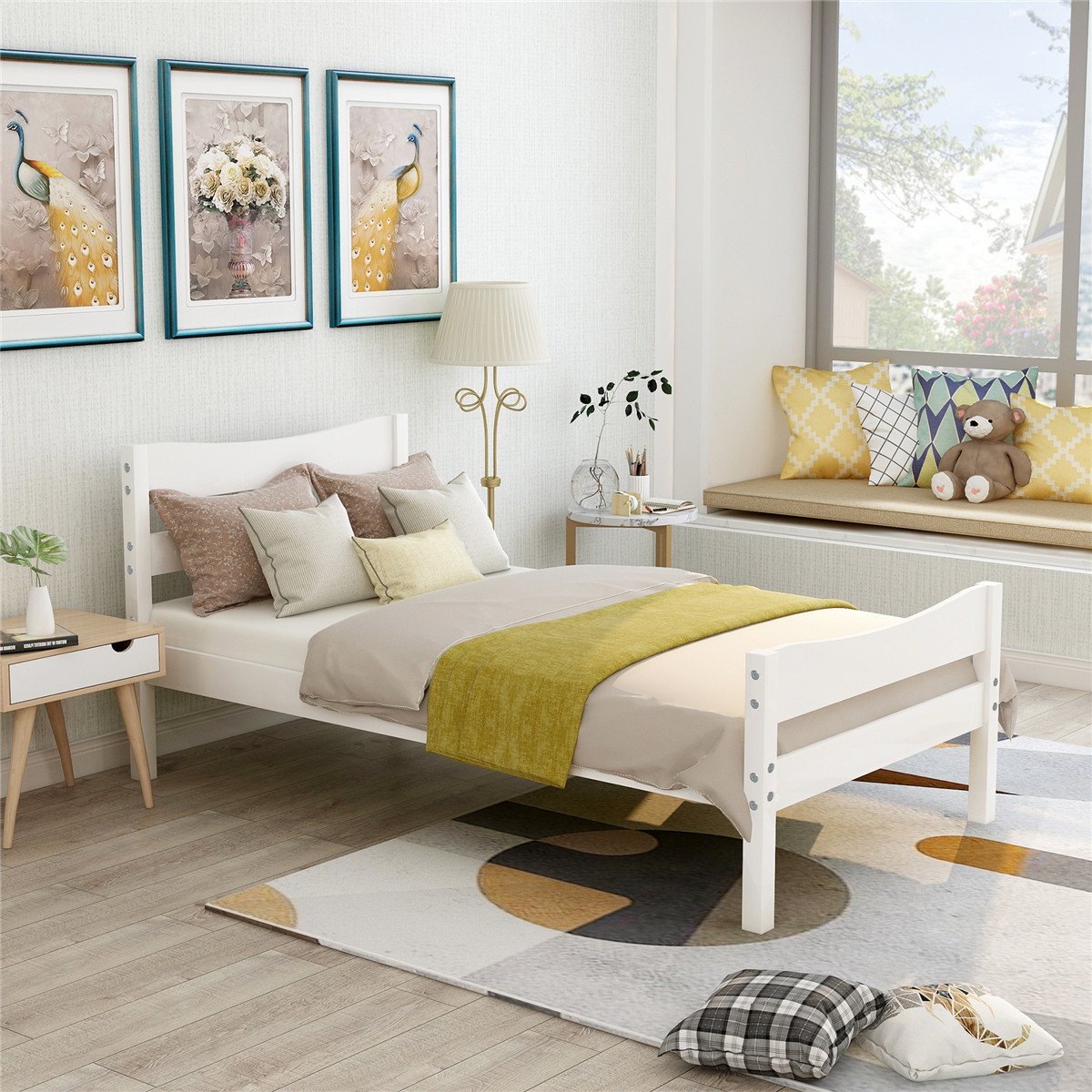 Wood Platform Bed with Headboard and Wooden Slat Support White