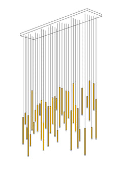 Front view of the 36-light Cluster Tube Pendant Light with rectangular brass canopy, exuding majestic scale and design.