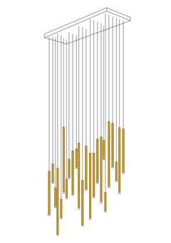 A chandelier with gold-colored tubes and transparent glass tips emitting a warm white light, suspended from a dark ceiling.