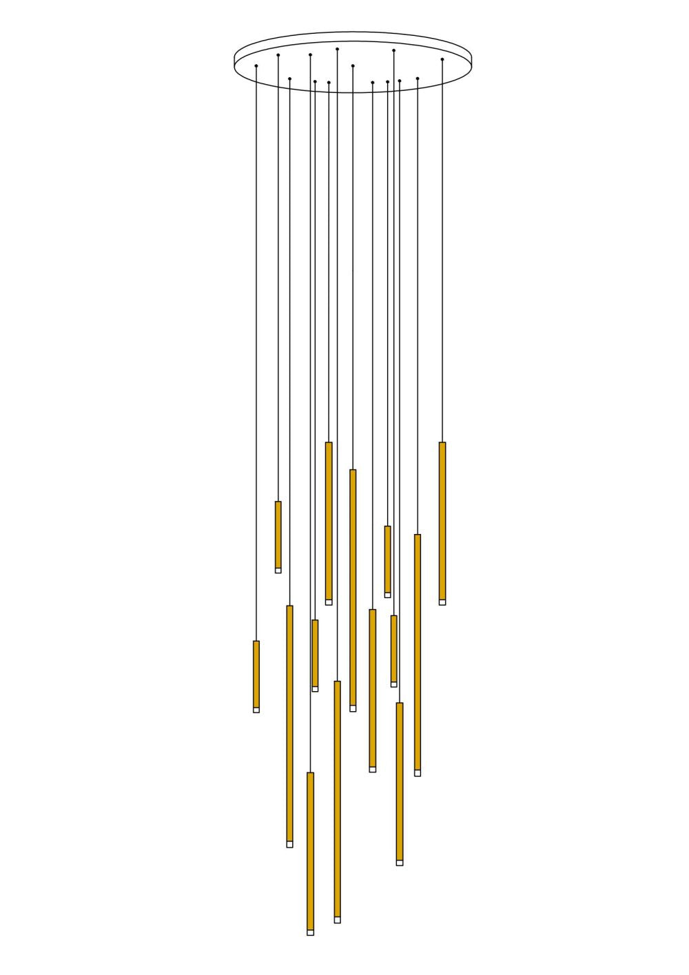 Front view of the 14-light Cluster Tube Pendant Light with round brass canopy, showcasing its sleek tubular design and glass tips.