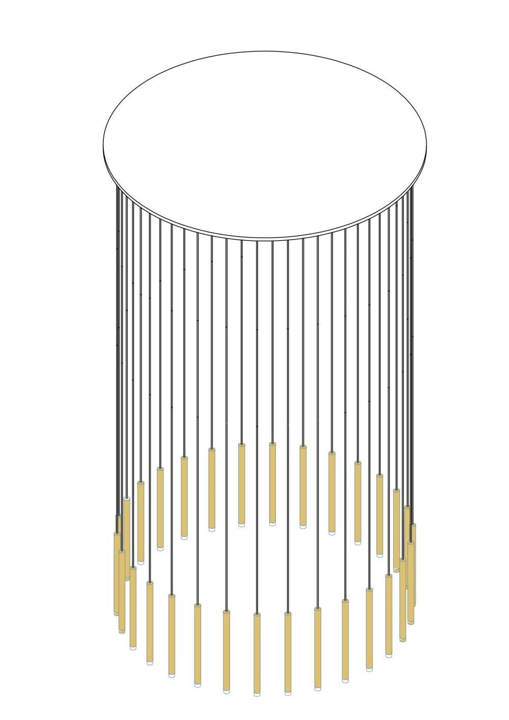 Front view of the 30-light Cluster Tube Pendant Light with circle rose gold canopy, showcasing its unique, circular constellation design.