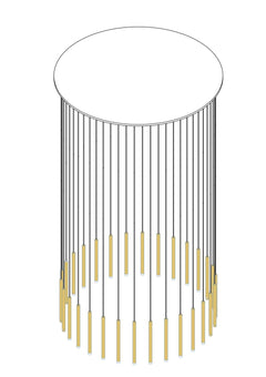 Front view of the 30-light Cluster Tube Pendant Light with circle rose gold canopy, showcasing its unique, circular constellation design.