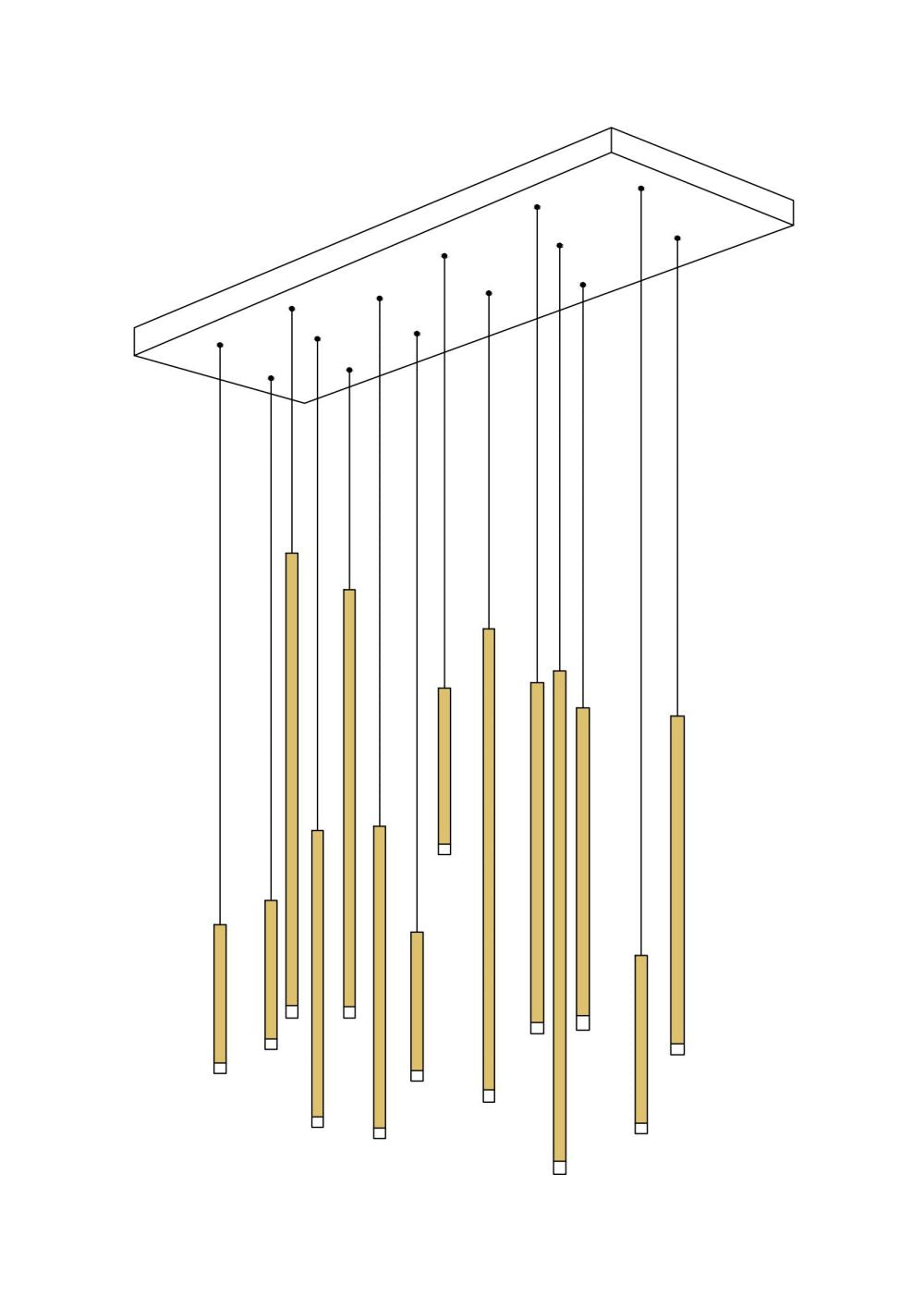 A chandelier with gold-colored tubes and transparent glass tips emitting a warm white light, suspended from a dark ceiling.