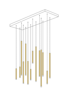 A chandelier with gold-colored tubes and transparent glass tips emitting a warm white light, suspended from a dark ceiling.