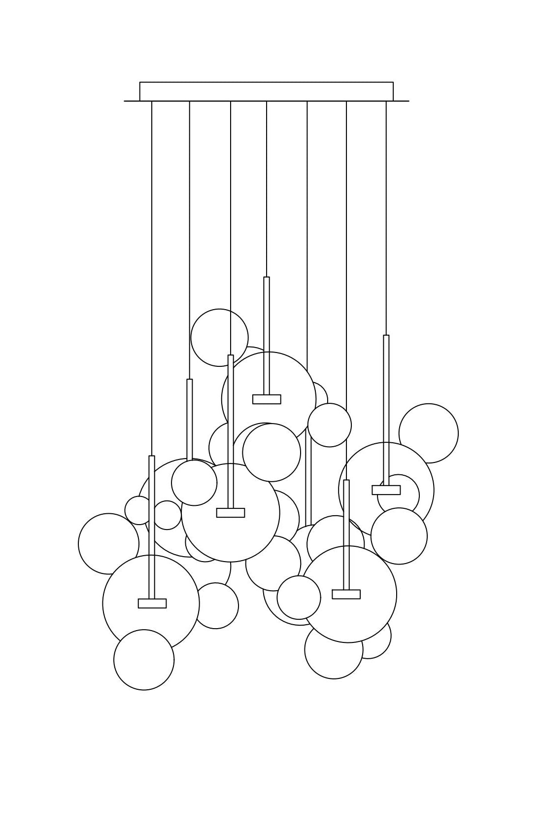 Top view of the 35-bubble chandelier in circle style, revealing its black canopy and bubble arrangement.