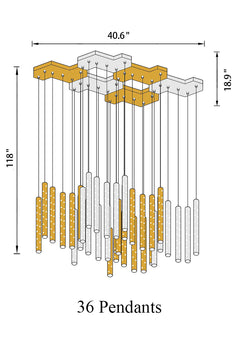 Side angle of the 36-light chandelier, chrome  and gold cylinders, revealing intricate lights diffusion.