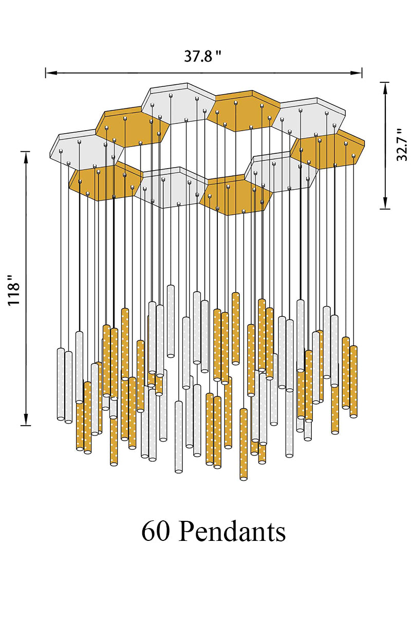 60-light chandelier, emphasizing its sleek, cylindrical arrangement.