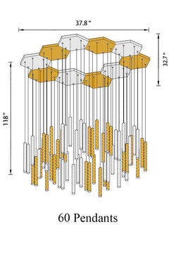 60-light chandelier, emphasizing its sleek, cylindrical arrangement.