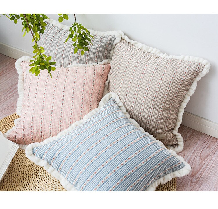 Stripe Floral Cotton Throw Pillow Case